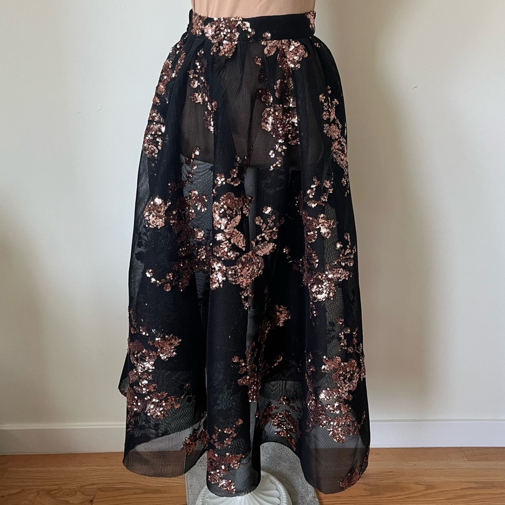 Anthropologie Maliparmi Black Bronze Sequin Mesh Formal Poof Maxi Skirt EUC 44/S
